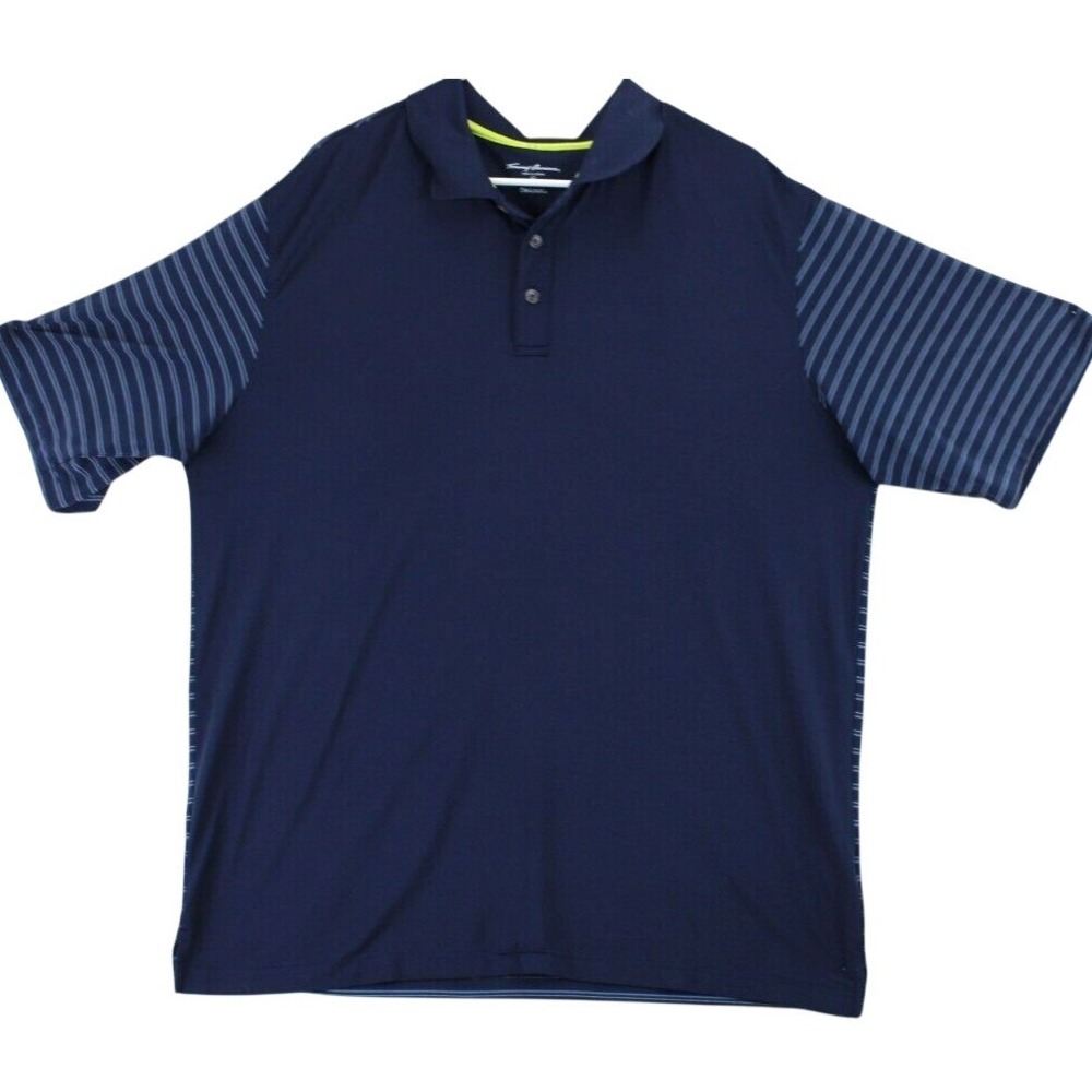 Tommy Armour Mens XL Navy Blue Dry Logic‎ Golf Polo Shirt Striped Sleeves